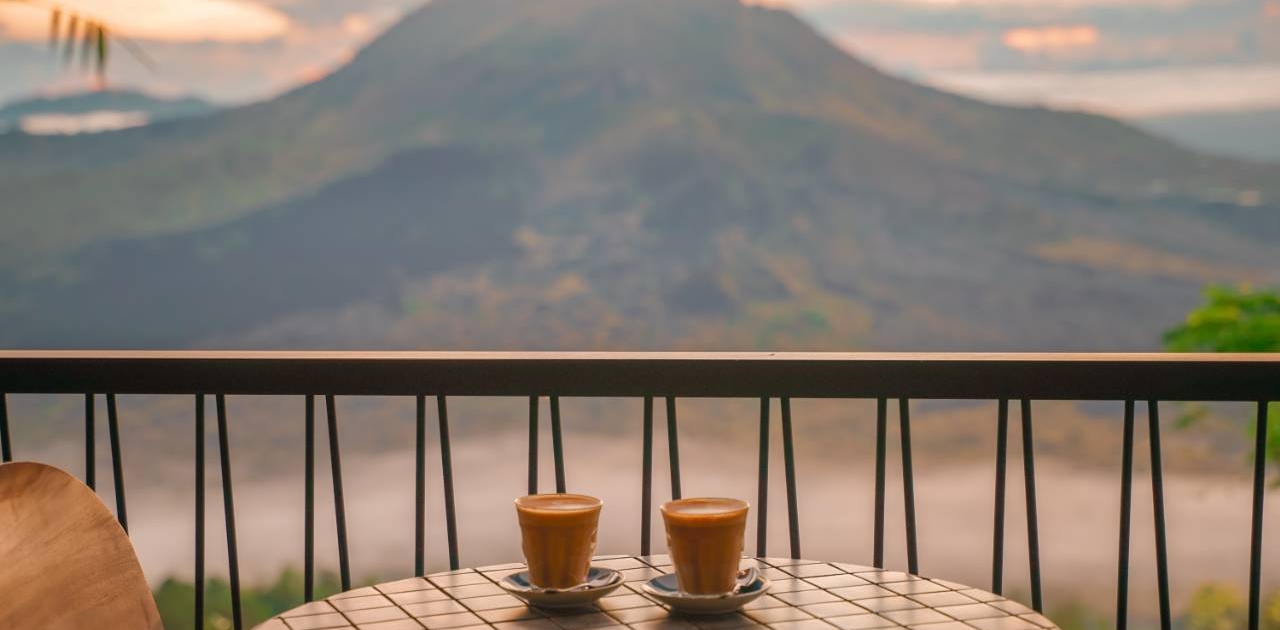 Hot coffee served at a restaurant overlooking Mt Batur Volcano Bali