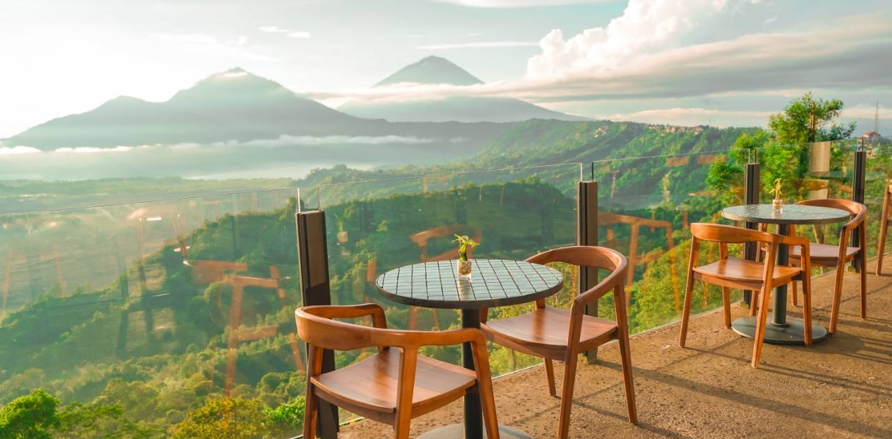 Table with a view of Mt Batur Bali